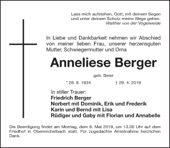 Traueranzeige von Anneliese Berger von Fürther Nachrichten Lokal