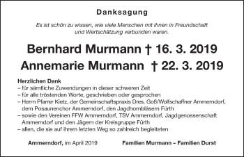 Traueranzeige von Annemarie und Bernhard Murmann von Fürther Nachrichten Lokal