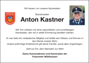 Traueranzeige von Anton Kastner von Neumarkter Nachrichten Lokal