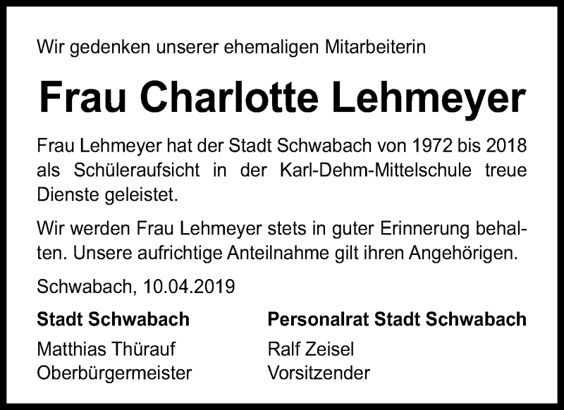  Traueranzeige für Charlotte Lehmeyer vom 11.04.2019 aus Schwabach