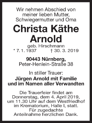 Traueranzeige von Christa Käthe Arnold von Gesamtausgabe Nürnberger Nachrichten/ Nürnberger Ztg.