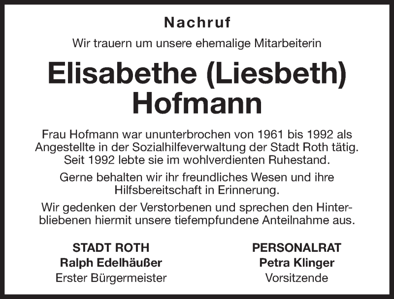  Traueranzeige für Elisabethe Hofmann vom 20.04.2019 aus Roth-Hilpoltsteiner Volkszeitung Lokal