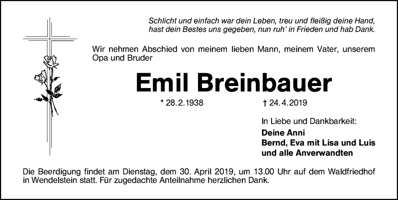  Traueranzeige für Emil Breinbauer vom 27.04.2019 aus Schwabach