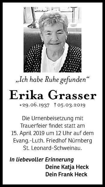 Traueranzeige von Erika Grasser von Gesamtausgabe Nürnberger Nachrichten/ Nürnberger Ztg.