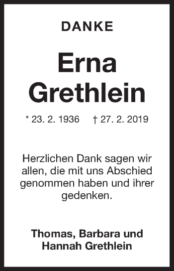 Traueranzeige von Erna Grethlein von Gesamtausgabe Nürnberger Nachrichten/ Nürnberger Ztg.