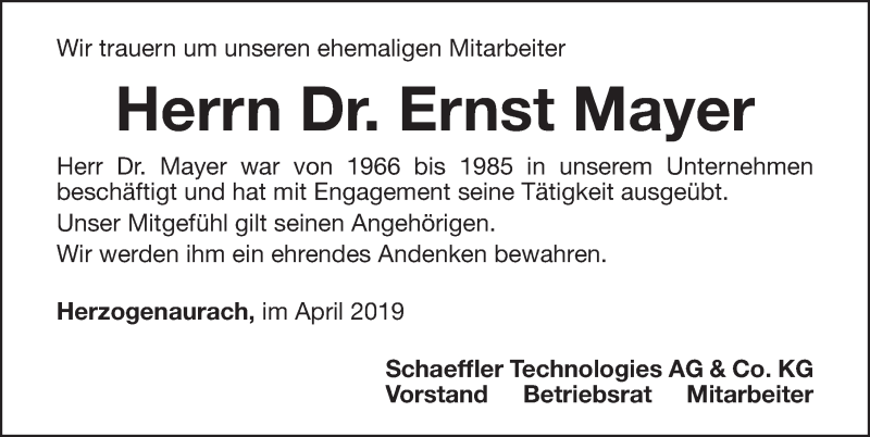  Traueranzeige für Ernst Mayer vom 25.04.2019 aus Nordbayerische Nachrichten Herzogenaurach Lokal