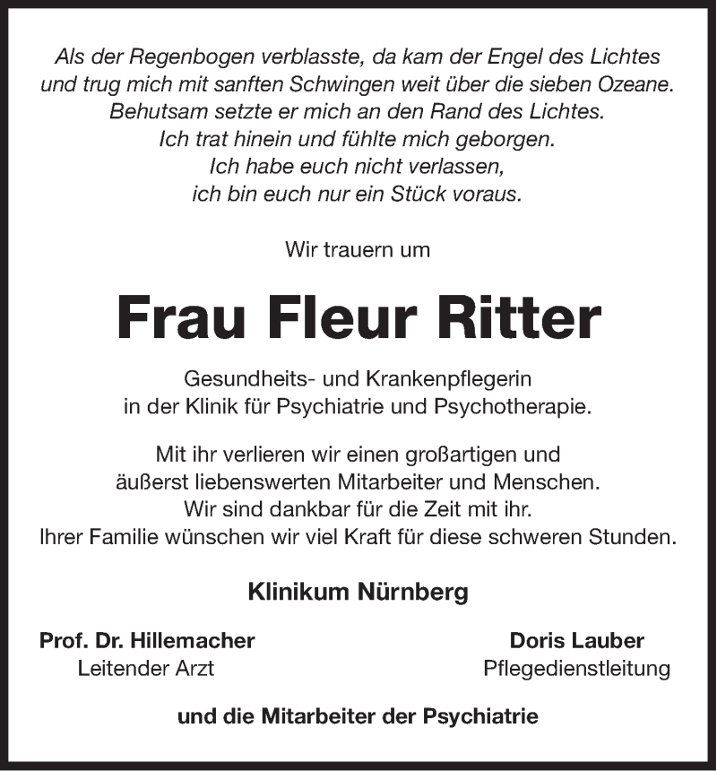  Traueranzeige für Fleur Ritter vom 01.05.2019 aus Gesamtausgabe Nürnberger Nachrichten/ Nürnberger Ztg.