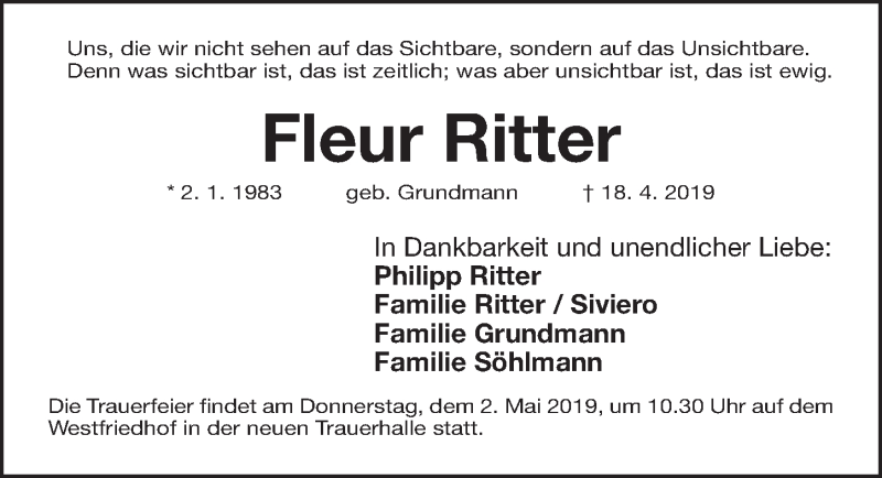  Traueranzeige für Fleur Ritter vom 27.04.2019 aus Gesamtausgabe Nürnberger Nachrichten/ Nürnberger Ztg.