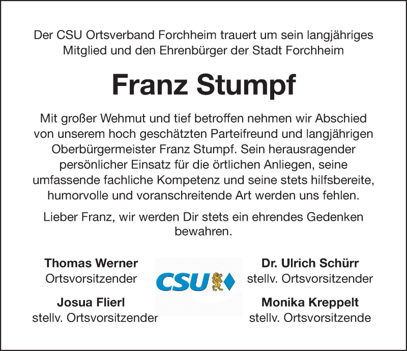  Traueranzeige für Franz Stumpf vom 12.04.2019 aus Nordbayerische Nachrichten Forchheim Lokal