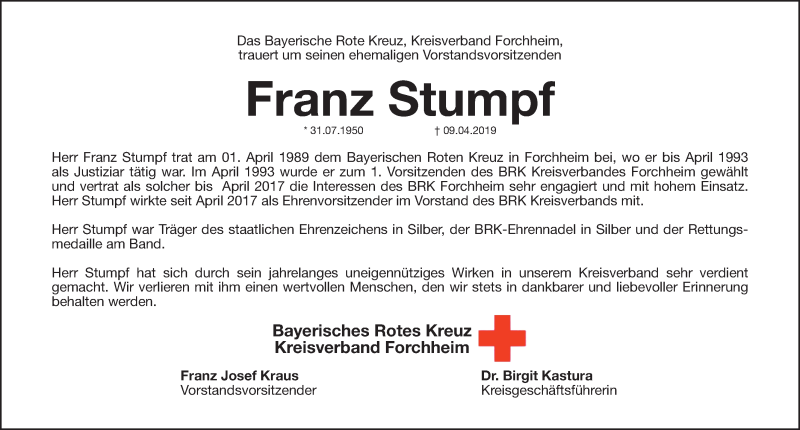  Traueranzeige für Franz Stumpf vom 12.04.2019 aus Nordbayerische Nachrichten Forchheim Lokal
