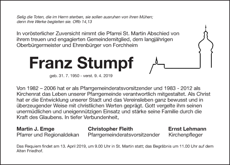  Traueranzeige für Franz Stumpf vom 12.04.2019 aus Nordbayerische Nachrichten Forchheim Lokal