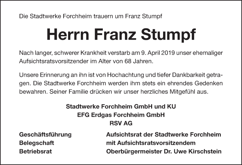  Traueranzeige für Franz Stumpf vom 13.04.2019 aus Nordbayerische Nachrichten Forchheim Lokal