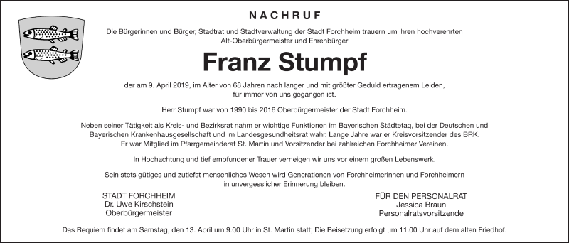  Traueranzeige für Franz Stumpf vom 12.04.2019 aus Gesamtausgabe Nürnberger Nachrichten/ Nürnberger Ztg.
