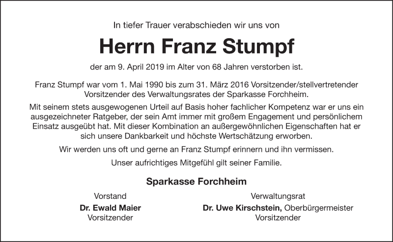  Traueranzeige für Franz Stumpf vom 12.04.2019 aus Nordbayerische Nachrichten Forchheim Lokal