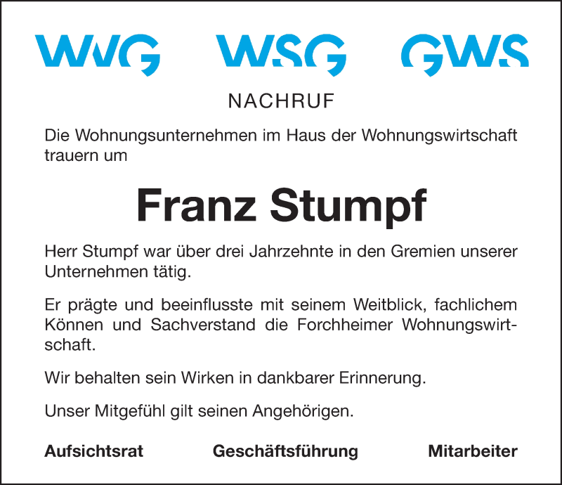  Traueranzeige für Franz Stumpf vom 12.04.2019 aus Nordbayerische Nachrichten Forchheim Lokal