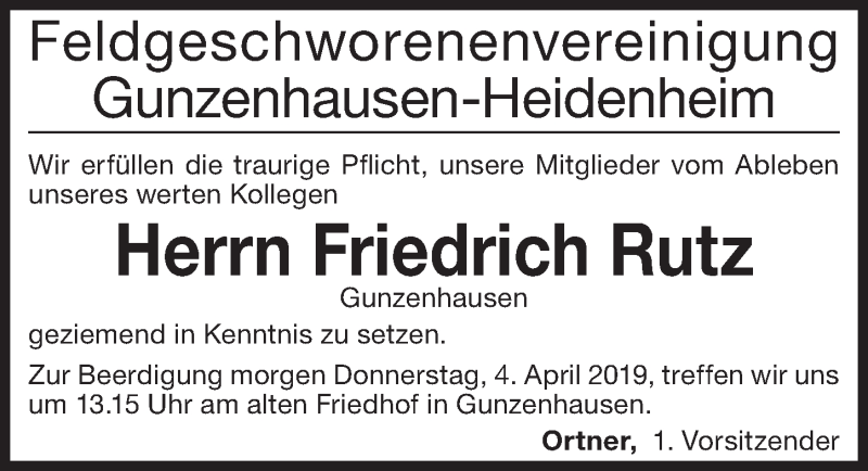  Traueranzeige für Friedrich Rutz vom 03.04.2019 aus Altmühl-Bote Lokal