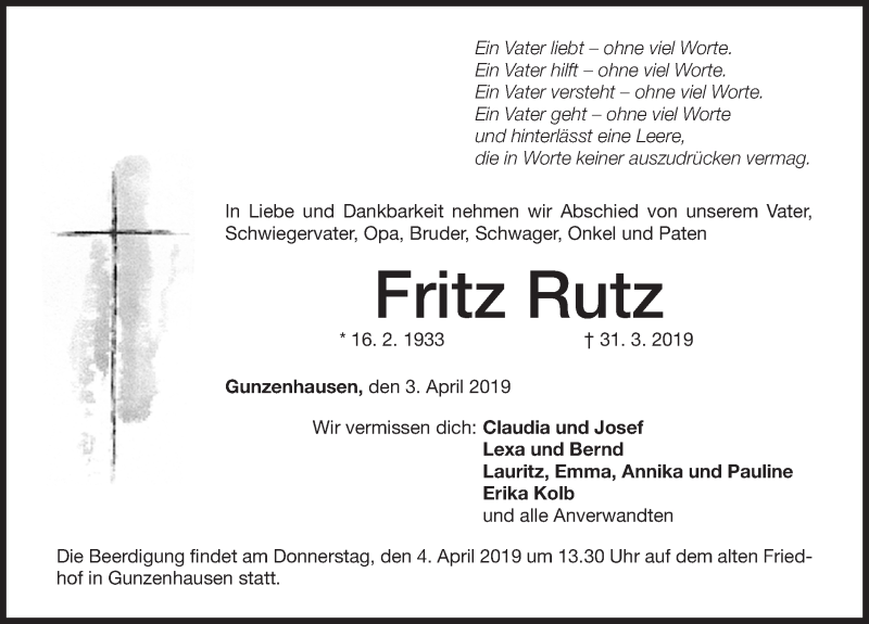  Traueranzeige für Friedrich Rutz vom 03.04.2019 aus Altmühl-Bote Lokal