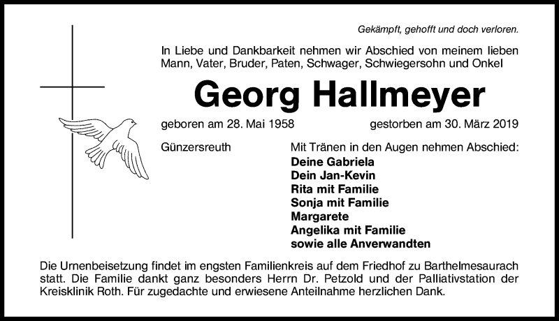  Traueranzeige für Georg Hallmeyer vom 03.04.2019 aus Schwabach