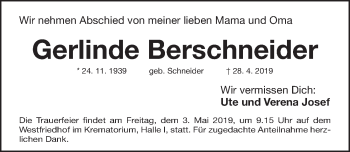 Traueranzeige von Gerlinde Berschneider von Gesamtausgabe Nürnberger Nachrichten/ Nürnberger Ztg.