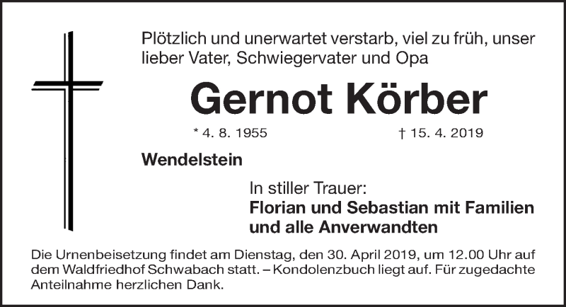  Traueranzeige für Gernot Körber vom 27.04.2019 aus Gesamtausgabe Nürnberger Nachrichten/ Nürnberger Ztg.