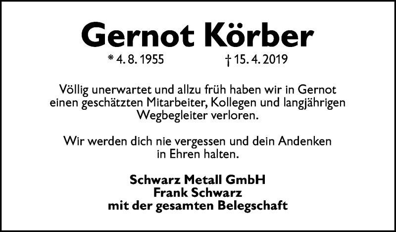  Traueranzeige für Gernot Körber vom 27.04.2019 aus Schwabach