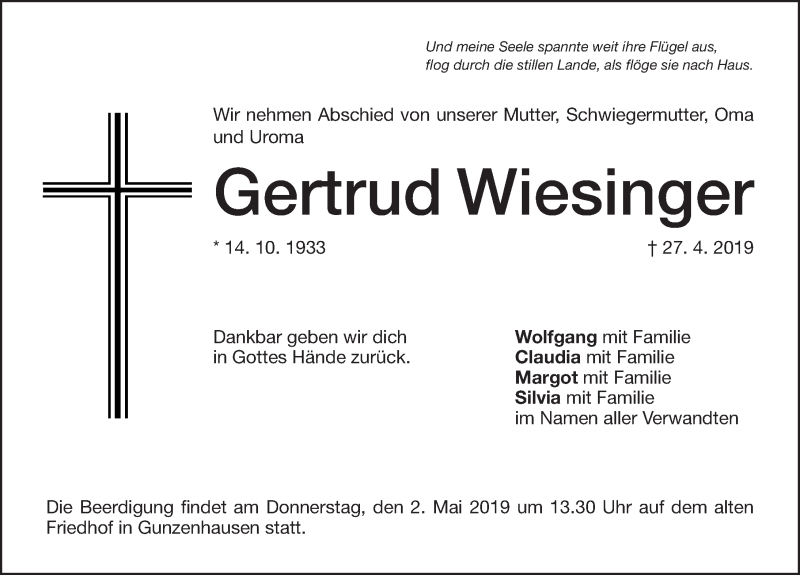  Traueranzeige für Gertrud Wiesinger vom 30.04.2019 aus Altmühl-Bote Lokal