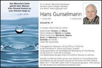 Traueranzeige von Hans Gunselmann von Erlanger Nachrichten/ Nordbayer. Nachrichten Forchheim