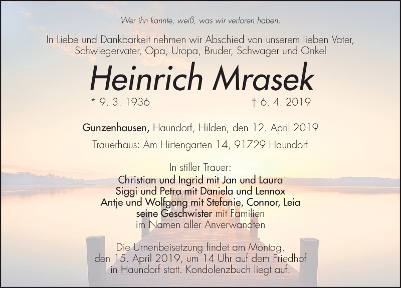  Traueranzeige für Heinrich Mrasek vom 12.04.2019 aus Altmühl-Bote Lokal