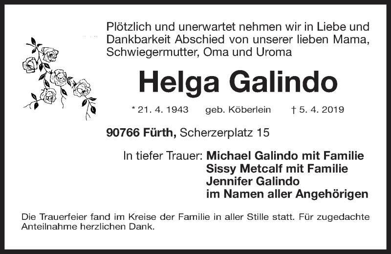  Traueranzeige für Helga Galindo vom 25.04.2019 aus Fürther Nachrichten Lokal