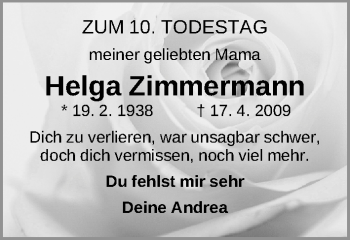 Traueranzeige von Helga Zimmermann von Gesamtausgabe Nürnberger Nachrichten/ Nürnberger Ztg.