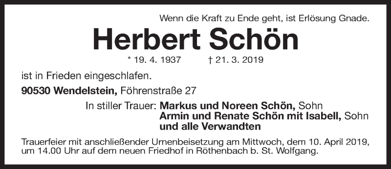  Traueranzeige für Herbert Schön vom 06.04.2019 aus Gesamtausgabe Nürnberger Nachrichten/ Nürnberger Ztg.