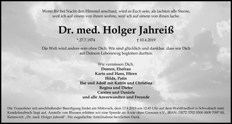  Traueranzeige für Holger Jahreiß vom 13.04.2019 aus Gesamtausgabe Nürnberger Nachrichten/ Nürnberger Ztg.