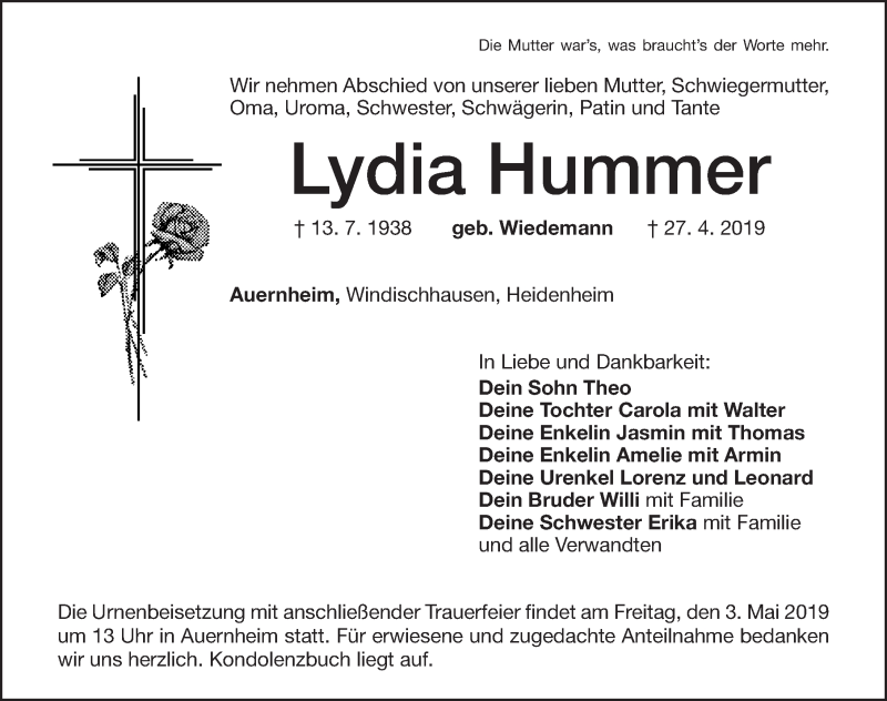  Traueranzeige für Lydia Hummer vom 01.05.2019 aus Altmühl-Bote Lokal
