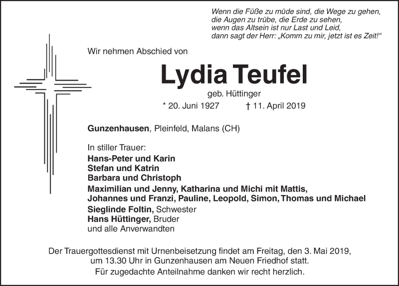  Traueranzeige für Lydia Teufel vom 01.05.2019 aus Altmühl-Bote Lokal