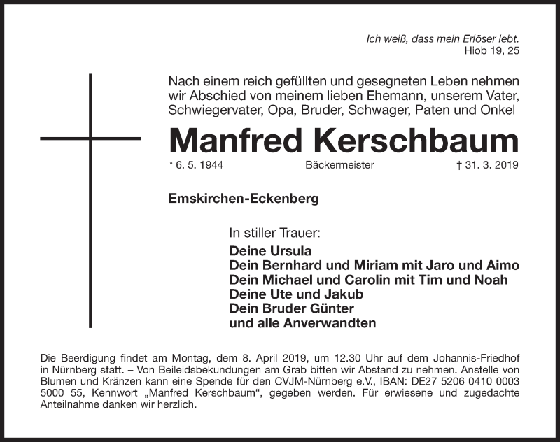  Traueranzeige für Manfred Kerschbaum vom 05.04.2019 aus Gesamtausgabe Nürnberger Nachrichten/ Nürnberger Ztg.
