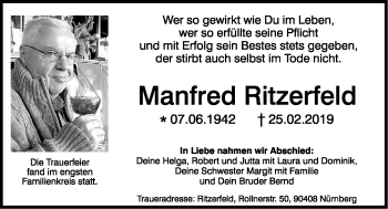 Traueranzeige von Manfred Ritzerfeld von Gesamtausgabe Nürnberger Nachrichten/ Nürnberger Ztg.