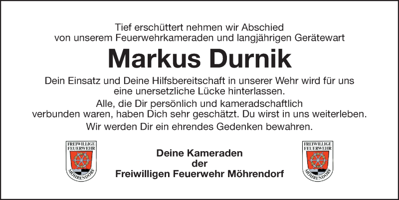  Traueranzeige für Markus Durnik vom 27.04.2019 aus Erlanger Nachrichten Lokal