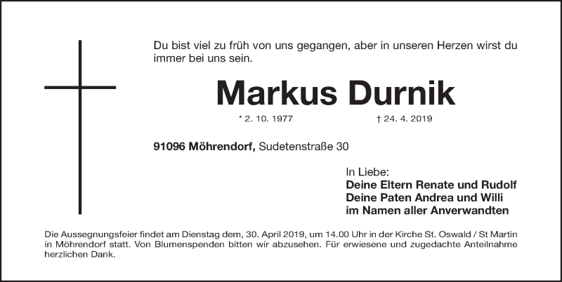  Traueranzeige für Markus Durnik vom 27.04.2019 aus Erlanger Nachrichten Lokal