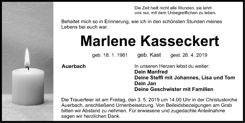  Traueranzeige für Marlene Kasseckert vom 30.04.2019 aus Nordbayerische Nachrichten Pegnitz Lokal