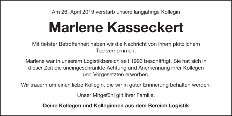  Traueranzeige für Marlene Kasseckert vom 30.04.2019 aus Nordbayerische Nachrichten Pegnitz Lokal