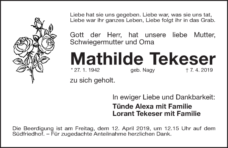  Traueranzeige für Mathilde Tekeser vom 10.04.2019 aus Gesamtausgabe Nürnberger Nachrichten/ Nürnberger Ztg.