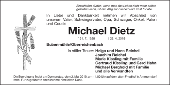 Traueranzeige von Michael Dietz von Fürther Nachrichten Lokal