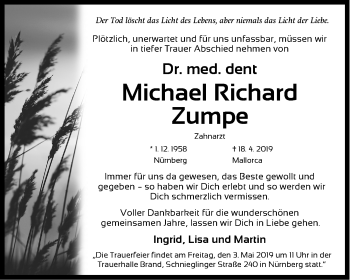Traueranzeige von Michael Richard Zumpe von Gesamtausgabe Nürnberger Nachrichten/ Nürnberger Ztg.