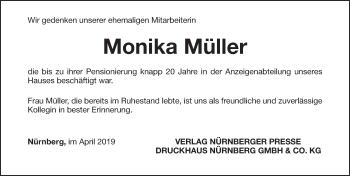 Traueranzeige von Monika Müller von Gesamtausgabe Nürnberger Nachrichten/ Nürnberger Ztg.