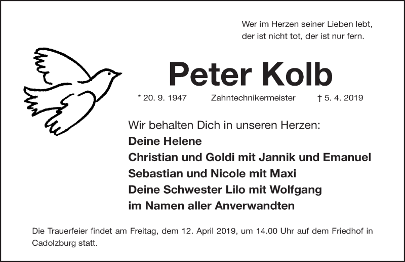  Traueranzeige für Peter Kolb vom 10.04.2019 aus Gesamtausgabe Nürnberger Nachrichten/ Nürnberger Ztg./ Fürther Nachrichten