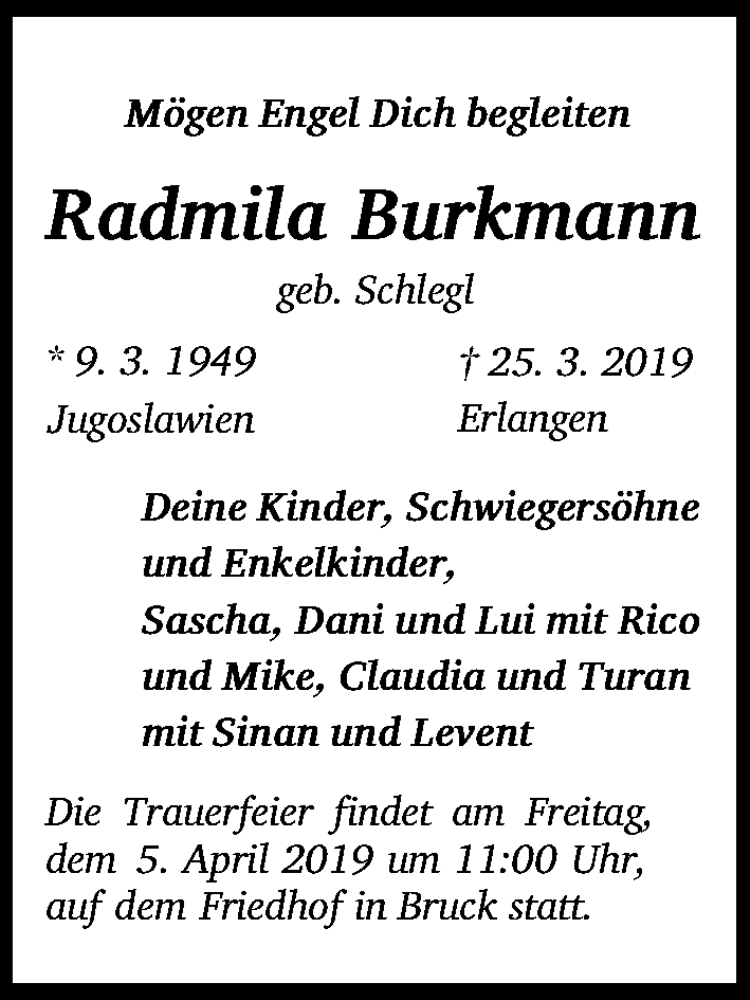  Traueranzeige für Radmila Burkmann vom 03.04.2019 aus Erlanger Nachrichten Lokal