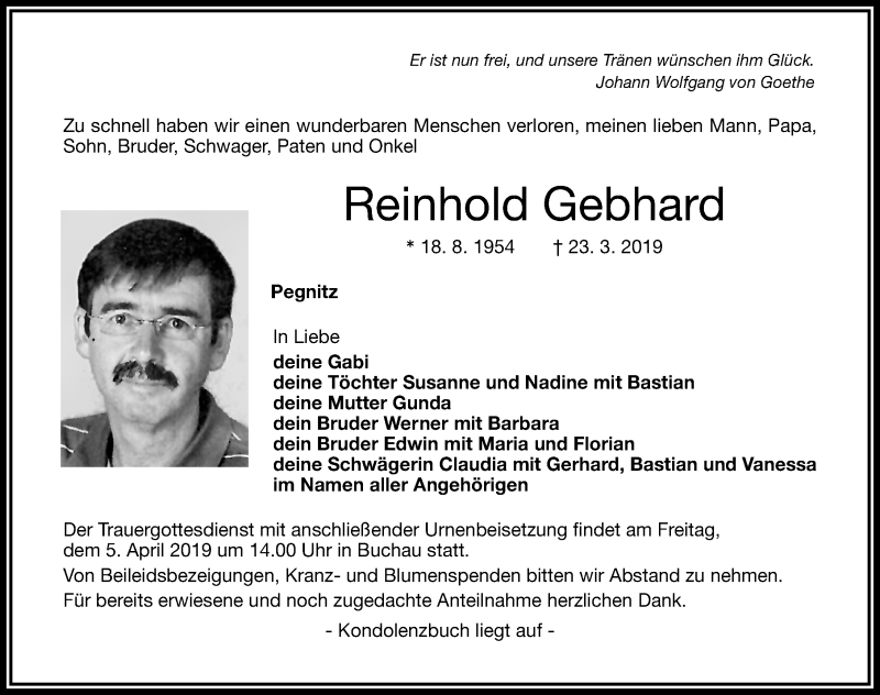 Traueranzeige für Reinhold Gebhard vom 03.04.2019 aus Nordbayerische Nachrichten Pegnitz Lokal