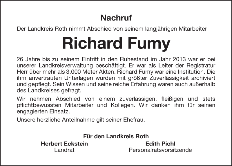  Traueranzeige für Richard Fumy vom 20.04.2019 aus Roth-Hilpoltsteiner Volkszeitung Lokal