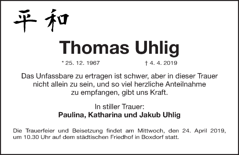  Traueranzeige für Thomas Uhlig vom 20.04.2019 aus Gesamtausgabe Nürnberger Nachrichten/ Nürnberger Ztg.