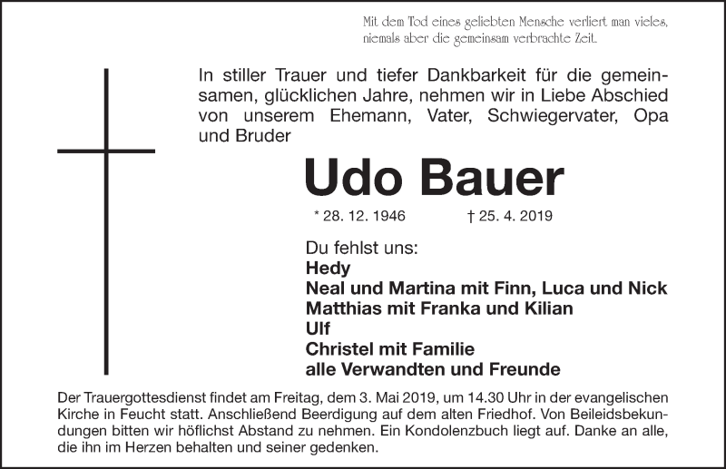  Traueranzeige für Udo Bauer vom 01.05.2019 aus Gesamtausgabe Nürnberger Nachrichten/ Nürnberger Ztg.